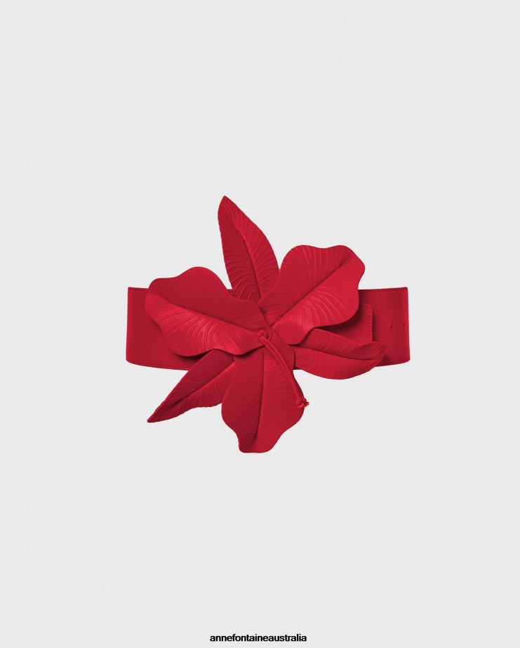 Anne Fontaine Accessories 2VZRJ641 Women Carrie Tiff Belt Wide Leather Belt With an Oversized Flower Red