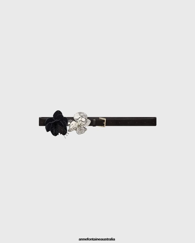 Anne Fontaine Accessories 2VZRJ645 Women Florana Belt Suede and Leather Belt With Removable Flowers Stylish