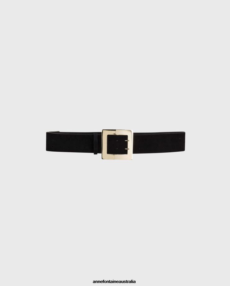 Anne Fontaine Accessories 2VZRJ646 Women Babel Belt Wide Suede Belt With Statement Buckle Black/Gold
