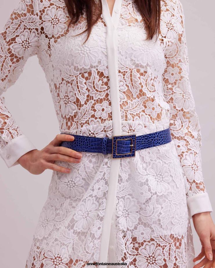 Anne Fontaine Accessories 2VZRJ654 Women Sagar Belt Croc-Embossed Leather Belt Blue