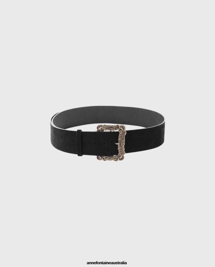 Anne Fontaine Accessories 2VZRJ664 Women Oconor Belt Suede Leather Belt With Antique Finish Black/Gold