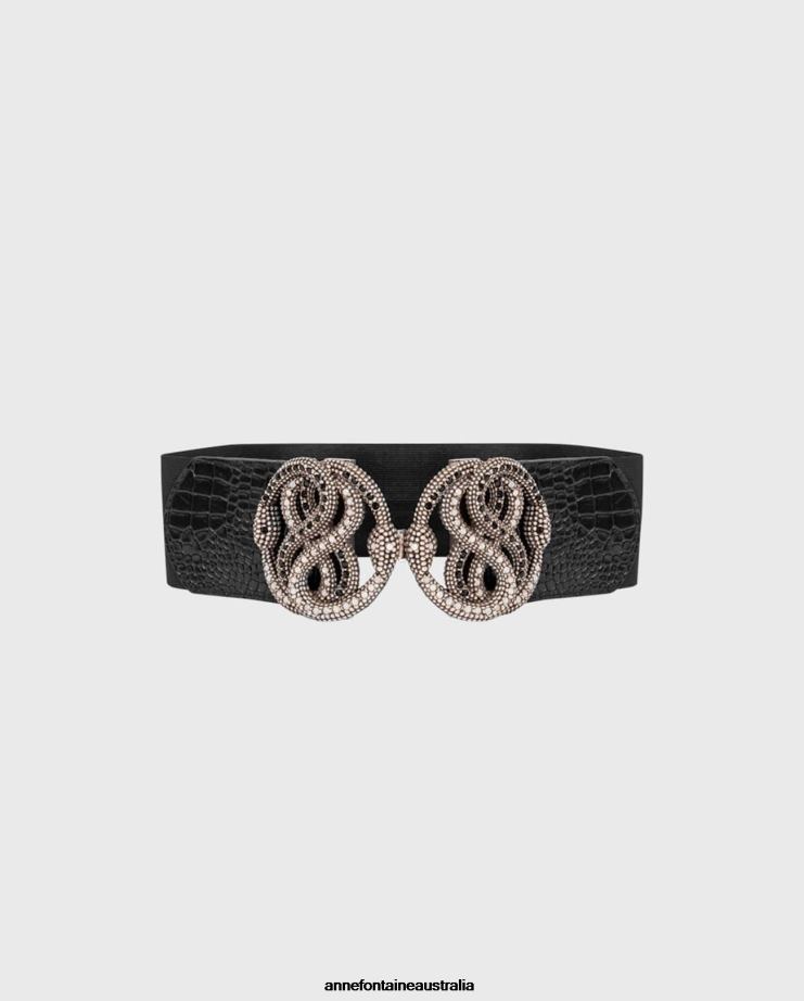 Anne Fontaine Accessories 2VZRJ665 Women Noconnell Belt Elastic and Leather Belt With Croc-Embossed Details Black