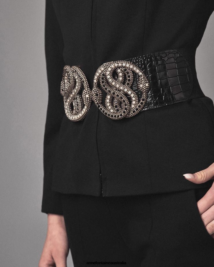 Anne Fontaine Accessories 2VZRJ665 Women Noconnell Belt Elastic and Leather Belt With Croc-Embossed Details Black