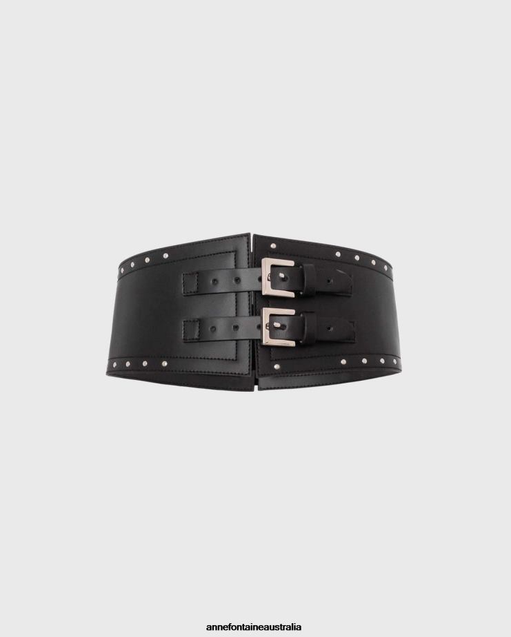 Anne Fontaine Accessories 2VZRJ666 Women Nuts Belt Wide Leather Belt Decorated With Metallic Studs Black