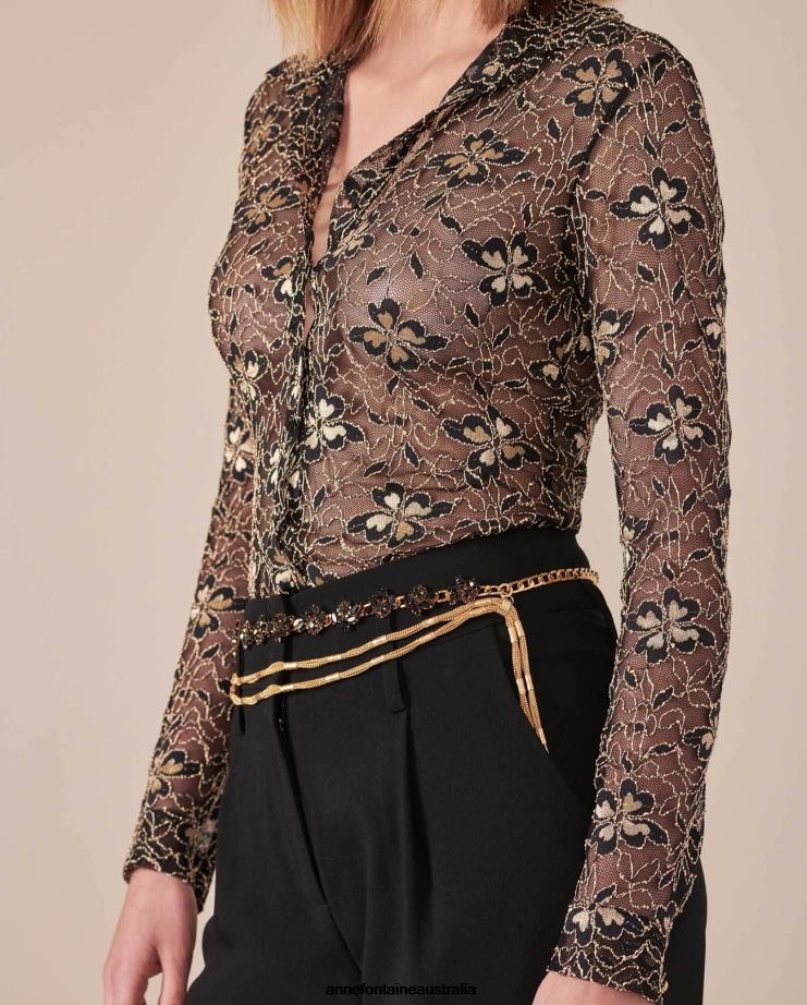 Anne Fontaine Accessories 2VZRJ677 Women Nighty Belt Triple Chain Belt With Flowers Black/Gold