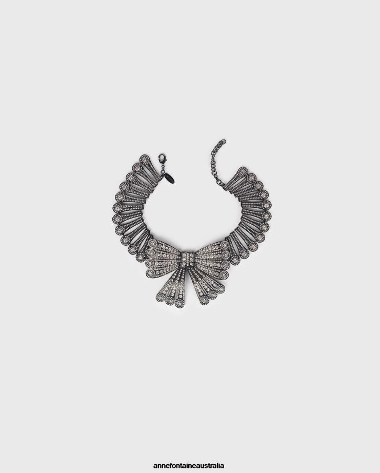 Anne Fontaine Accessories 2VZRJ508 Women Verlaine Collar Gunmetal Collar With Oversized Bow and Encrusted Crystals Stylish