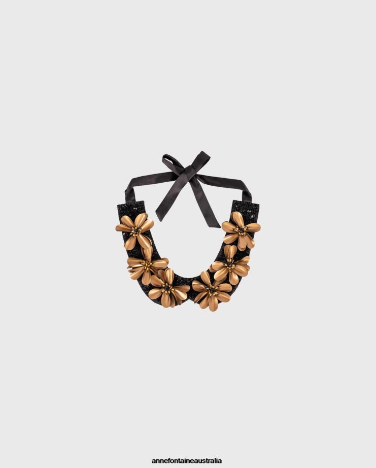 Anne Fontaine Accessories 2VZRJ517 Women Nicole Collar Fabric Collar With Flowers and Sequins Black/Gold