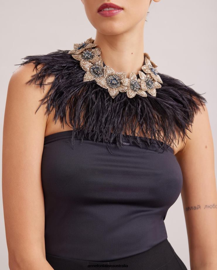 Anne Fontaine Accessories 2VZRJ526 Women Nolitan Collar Floral Collar With Ostrich Feathers Black