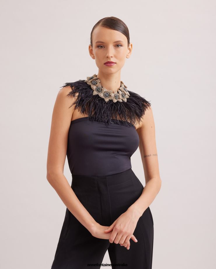 Anne Fontaine Accessories 2VZRJ526 Women Nolitan Collar Floral Collar With Ostrich Feathers Black
