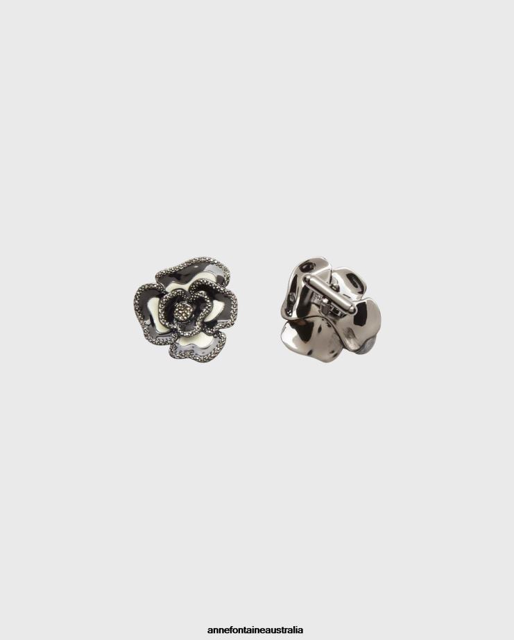 Anne Fontaine Accessories 2VZRJ549 Women Finn Cufflinks and Enamel Floral Cufflinks With Crystals Black/White