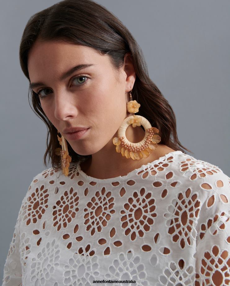 Anne Fontaine Accessories 2VZRJ603 Women Gaizka Earring Rafia Hoop Earrings with Floral Design Beige