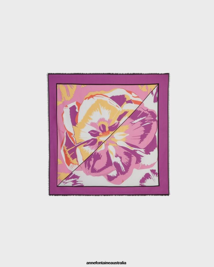 Anne Fontaine Accessories 2VZRJ605 Women Matissia Scarf Floral Printed Square Silk Scarf Purple