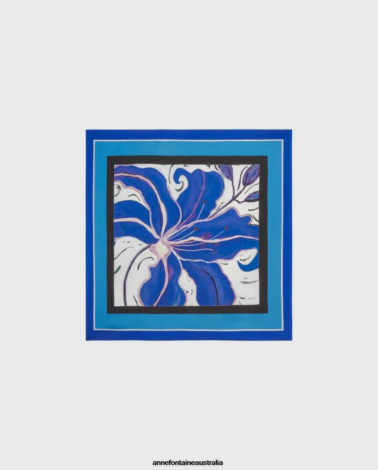 Anne Fontaine Accessories 2VZRJ606 Women Orchidea Scarf Silk Floral Printed Scarf Blue