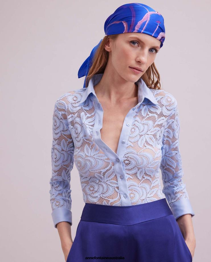 Anne Fontaine Accessories 2VZRJ606 Women Orchidea Scarf Silk Floral Printed Scarf Blue