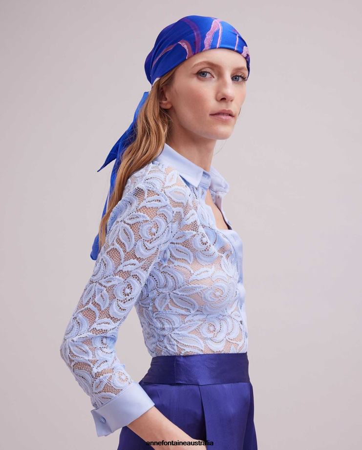 Anne Fontaine Accessories 2VZRJ606 Women Orchidea Scarf Silk Floral Printed Scarf Blue