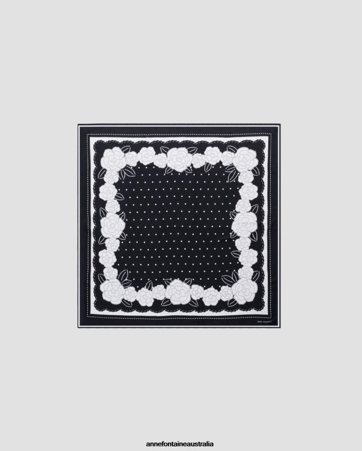 Anne Fontaine Accessories 2VZRJ622 Women Adrian Scarf Floral and Bamboo and Silk Stole Black/White