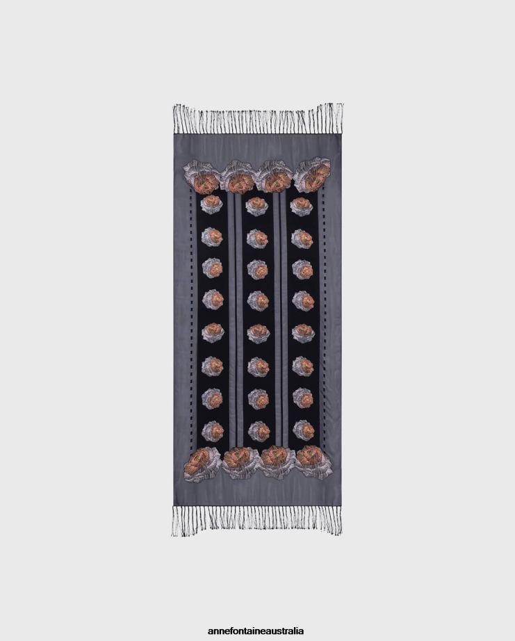 Anne Fontaine Accessories 2VZRJ632 Women Iatchy Scarf Floral Silk Scarf With Fringe Black