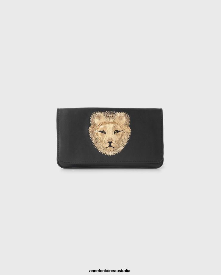 Anne Fontaine Bags 2VZRJ702 Women Curious Handbag Small Leather Bag With Embroidered Lions Face Black/Gold