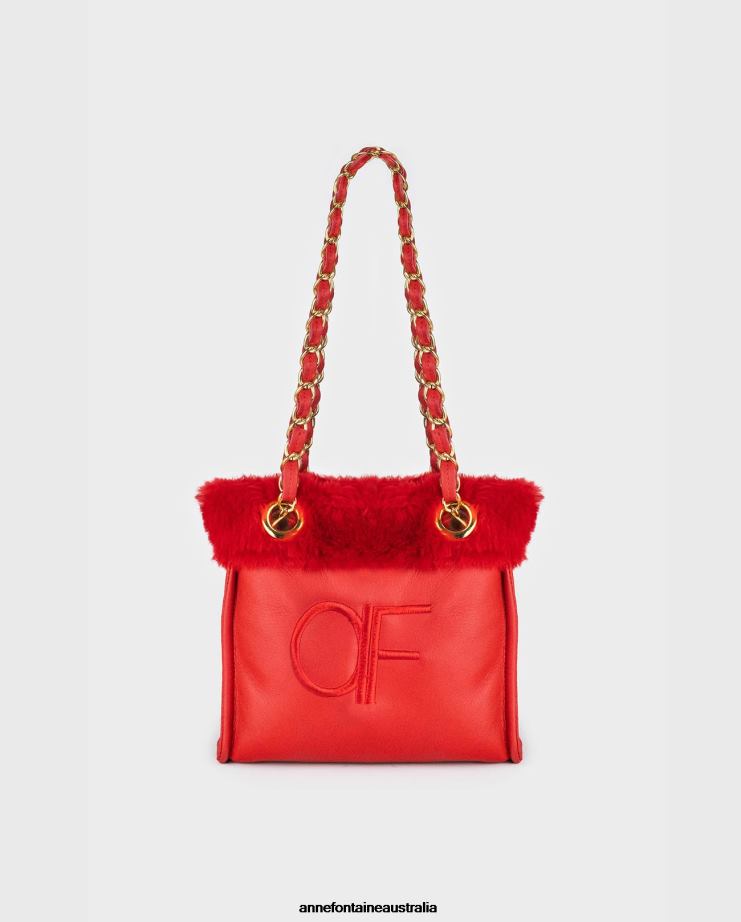 Anne Fontaine Bags 2VZRJ707 Women Felix Handbag Leather Shoulder Bag With Fur Trim and Chain Straps Tango Red