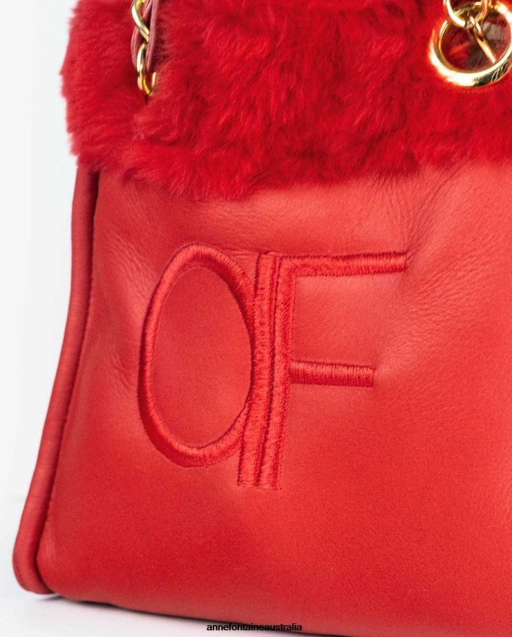 Anne Fontaine Bags 2VZRJ707 Women Felix Handbag Leather Shoulder Bag With Fur Trim and Chain Straps Tango Red