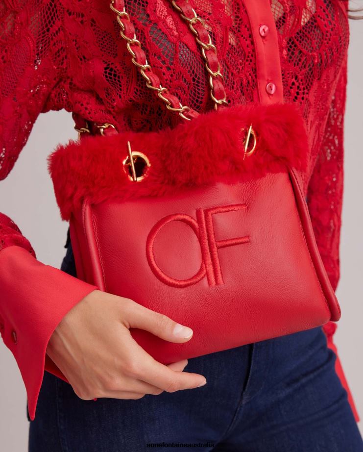 Anne Fontaine Bags 2VZRJ707 Women Felix Handbag Leather Shoulder Bag With Fur Trim and Chain Straps Tango Red