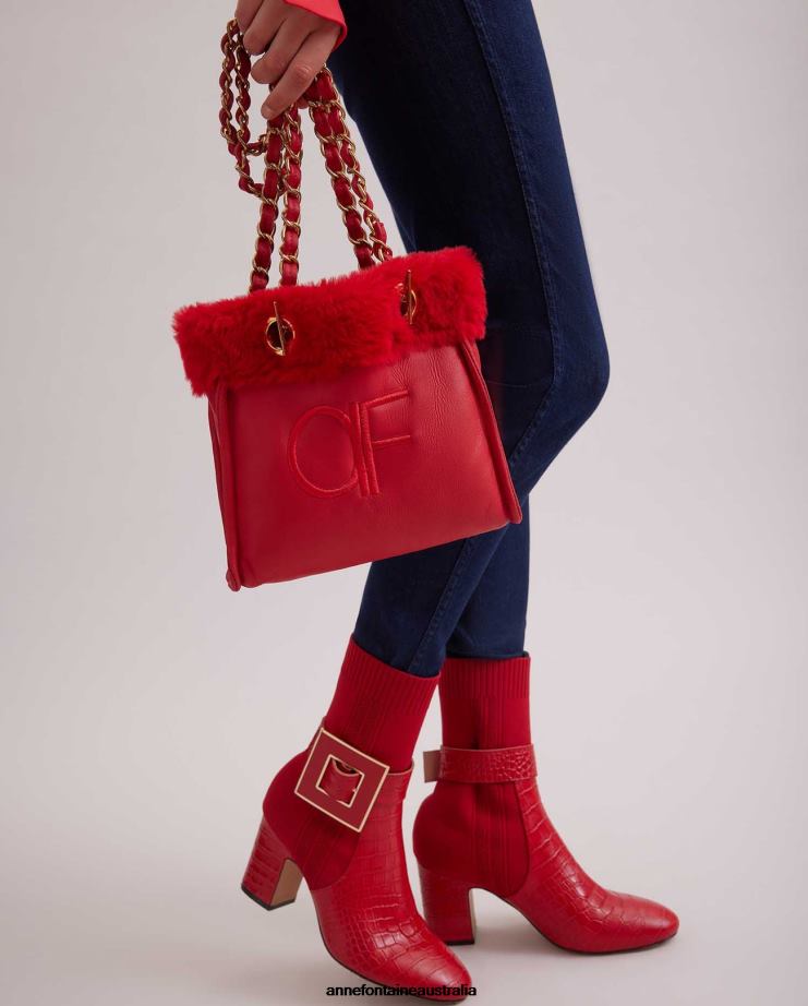 Anne Fontaine Bags 2VZRJ707 Women Felix Handbag Leather Shoulder Bag With Fur Trim and Chain Straps Tango Red