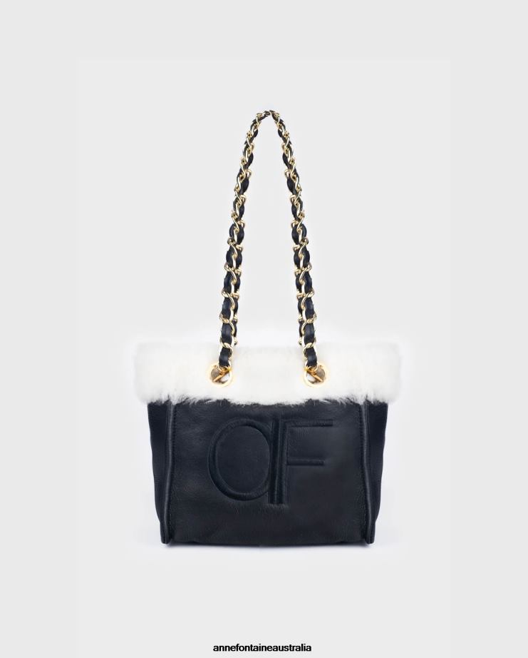 Anne Fontaine Bags 2VZRJ708 Women Felix Handbag Leather Shoulder Bag With Fur Trim and Chain Straps Black
