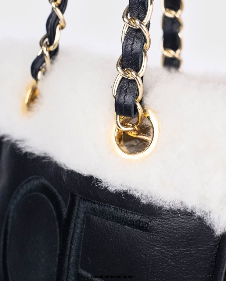Anne Fontaine Bags 2VZRJ708 Women Felix Handbag Leather Shoulder Bag With Fur Trim and Chain Straps Black