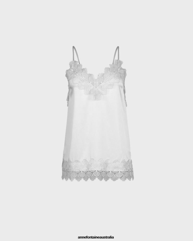 Anne Fontaine Clothing 2VZRJ249 Women Agave Top Silk Camisole With Lace Applique Trims White