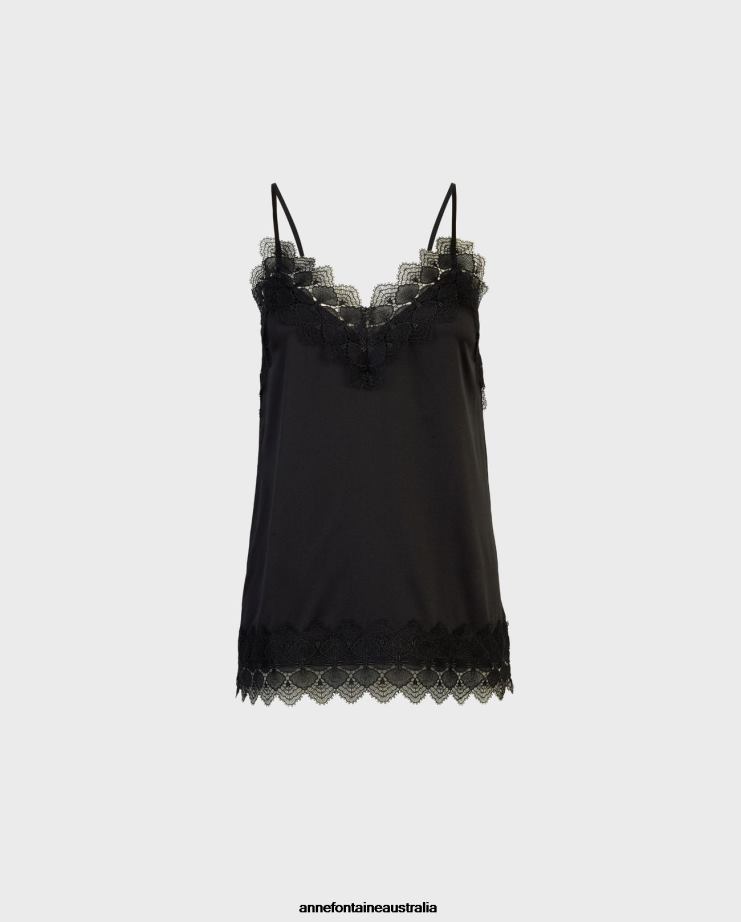 Anne Fontaine Clothing 2VZRJ262 Women Agave Top Silk Camisole With Lace Trims Black