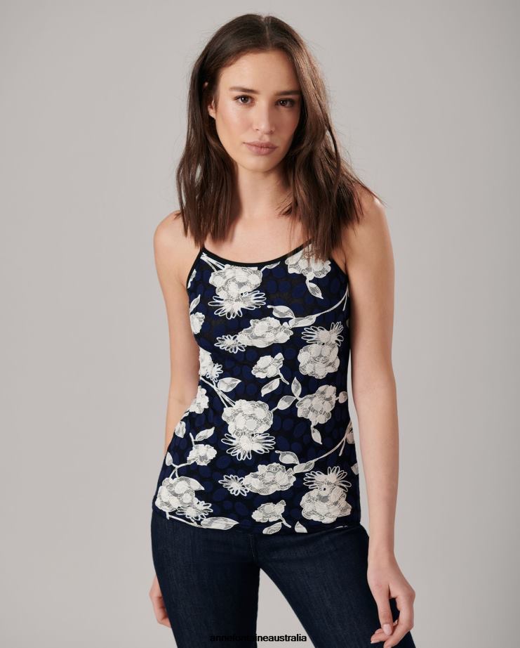 Anne Fontaine Clothing 2VZRJ310 Women Vana Camisole Stretch floral lace camisole with thin straps Blue