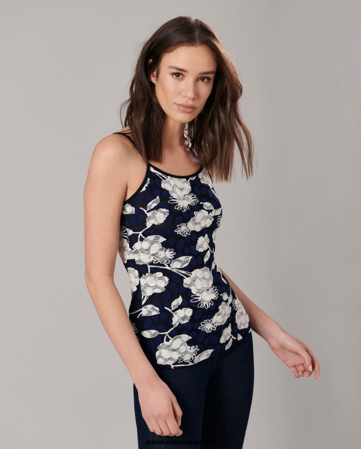 Anne Fontaine Clothing 2VZRJ310 Women Vana Camisole Stretch floral lace camisole with thin straps Blue