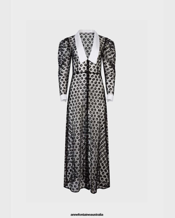 Anne Fontaine Clothing 2VZRJ100 Women Scenario Dress Sheer Net Dress Embroidered With Velvet Circles Black