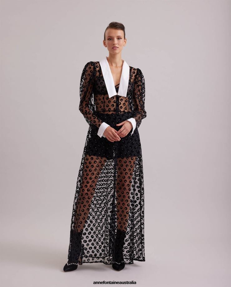Anne Fontaine Clothing 2VZRJ100 Women Scenario Dress Sheer Net Dress Embroidered With Velvet Circles Black