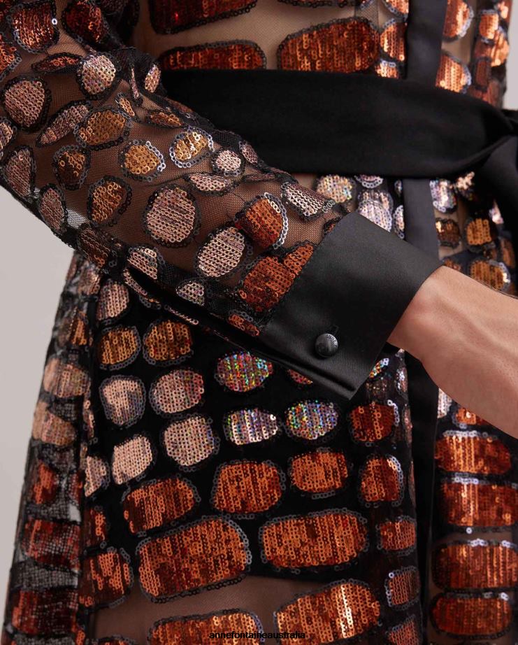 Anne Fontaine Clothing 2VZRJ101 Women Savante Dress Long Sheer Mesh Dress Embroidered With Sequins and Finished With Silk Details Black