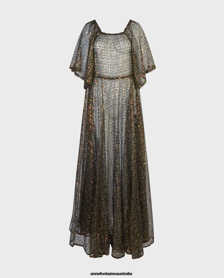 Anne Fontaine Clothing 2VZRJ102 Women Baroque Dress Long Sheer Net Embroidered Dress With Iridescent Sequins Black