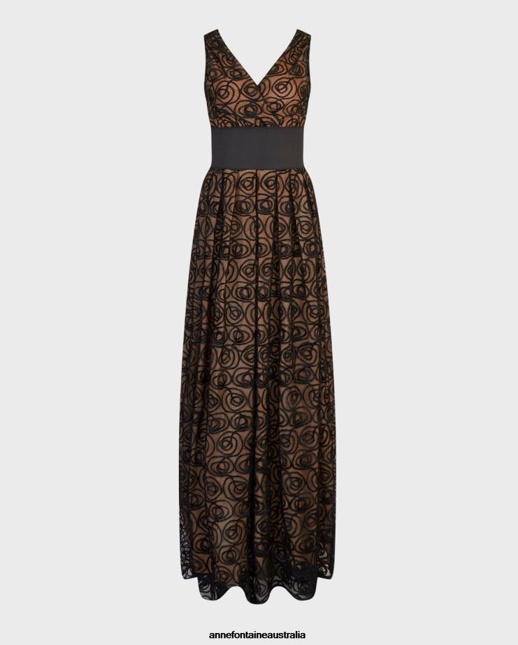 Anne Fontaine Clothing 2VZRJ103 Women Muse Dress Sleeveless Sheer Dress With Net Overlay Embroidered With Velvet Roses Black