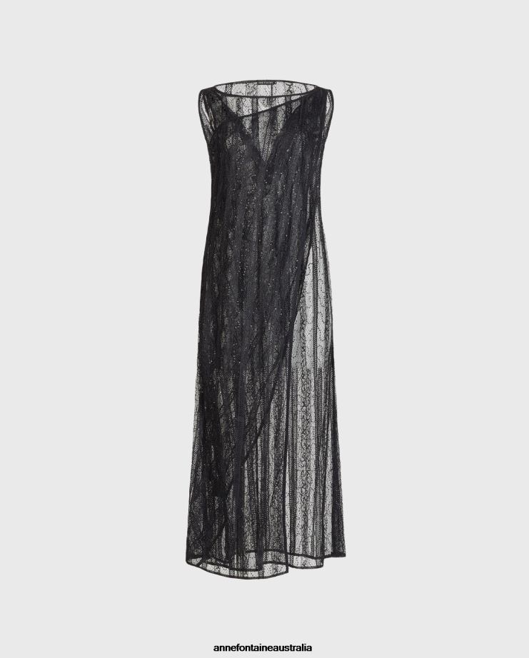 Anne Fontaine Clothing 2VZRJ104 Women Emotion Dress Sleeveless Sheer Lace Long Dress With Vertical Lattice Detail and Tonal Sequins Black