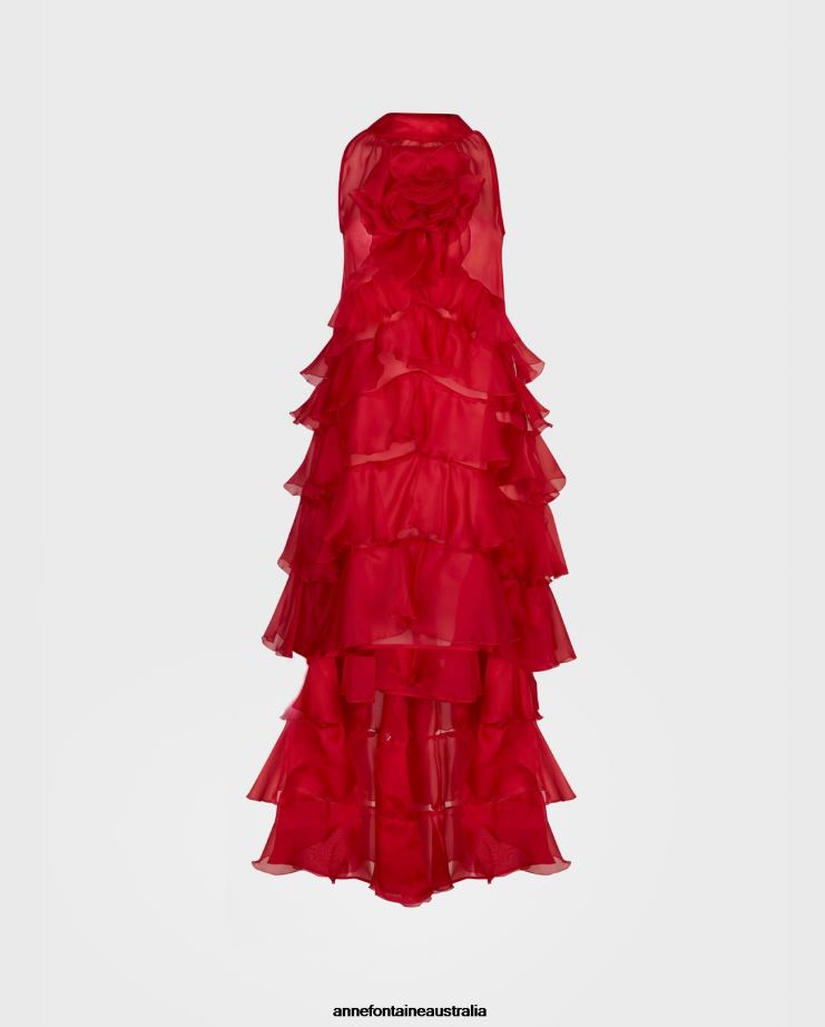 Anne Fontaine Clothing 2VZRJ105 Women Cheryl Dress Long Red High-Low Silk Organza Dress With Frills Tango Red