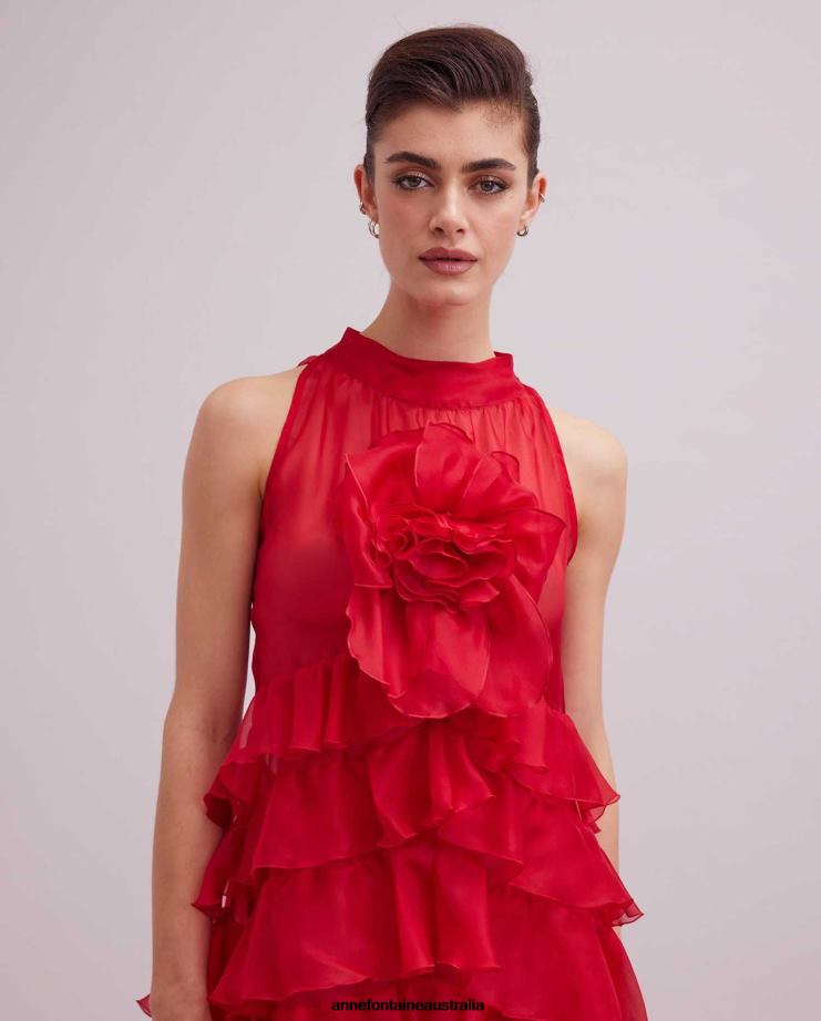 Anne Fontaine Clothing 2VZRJ105 Women Cheryl Dress Long Red High-Low Silk Organza Dress With Frills Tango Red