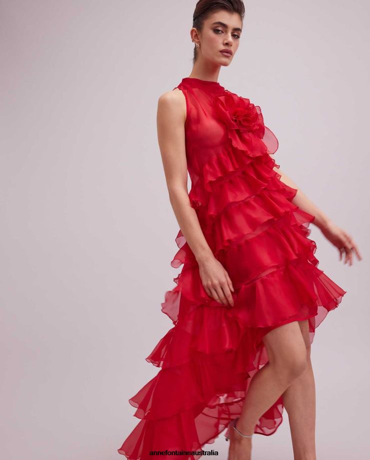 Anne Fontaine Clothing 2VZRJ105 Women Cheryl Dress Long Red High-Low Silk Organza Dress With Frills Tango Red
