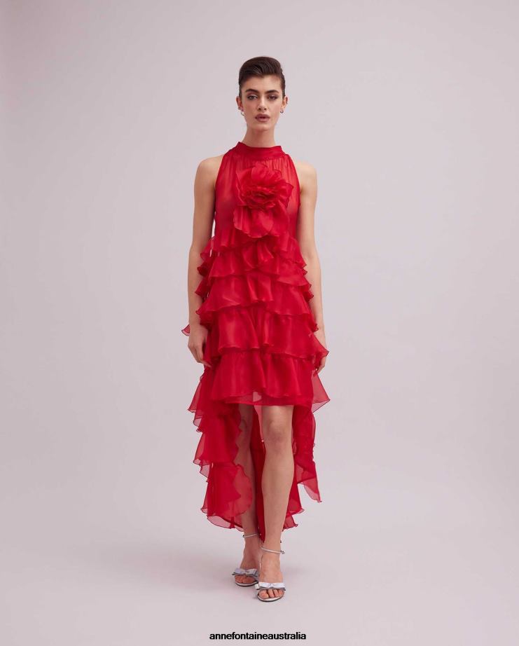 Anne Fontaine Clothing 2VZRJ105 Women Cheryl Dress Long Red High-Low Silk Organza Dress With Frills Tango Red