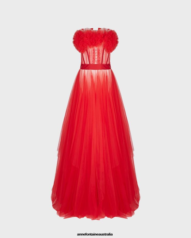 Anne Fontaine Clothing 2VZRJ106 Women Siecle Dress Long Red Strapless Satin and Tulle Dress Poppy Red