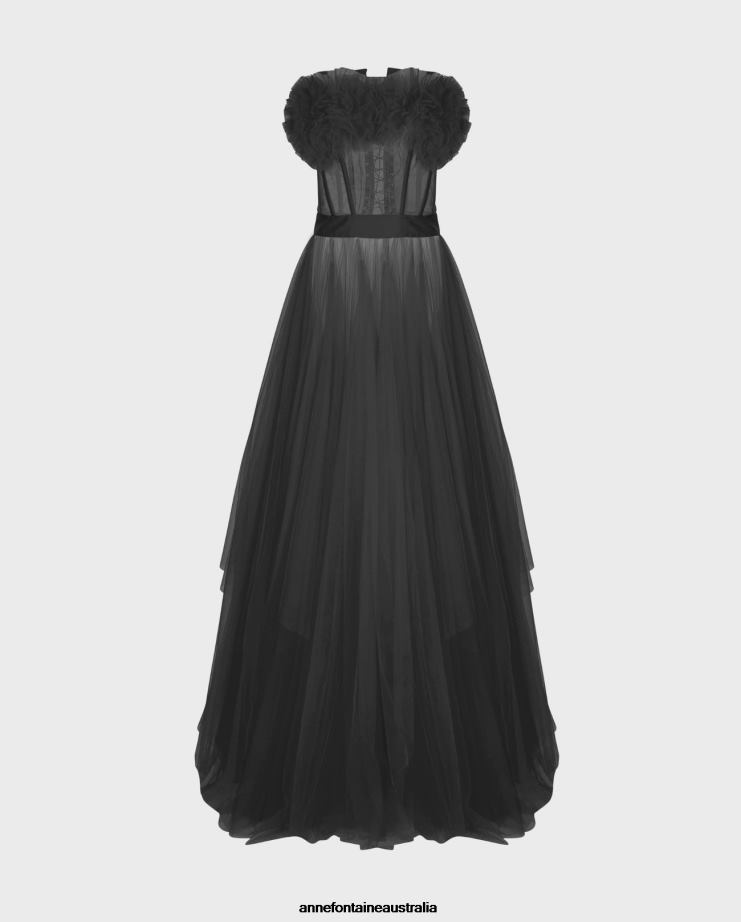 Anne Fontaine Clothing 2VZRJ107 Women Siecle Dress Long Strapless Satin and Tulle Dress Black