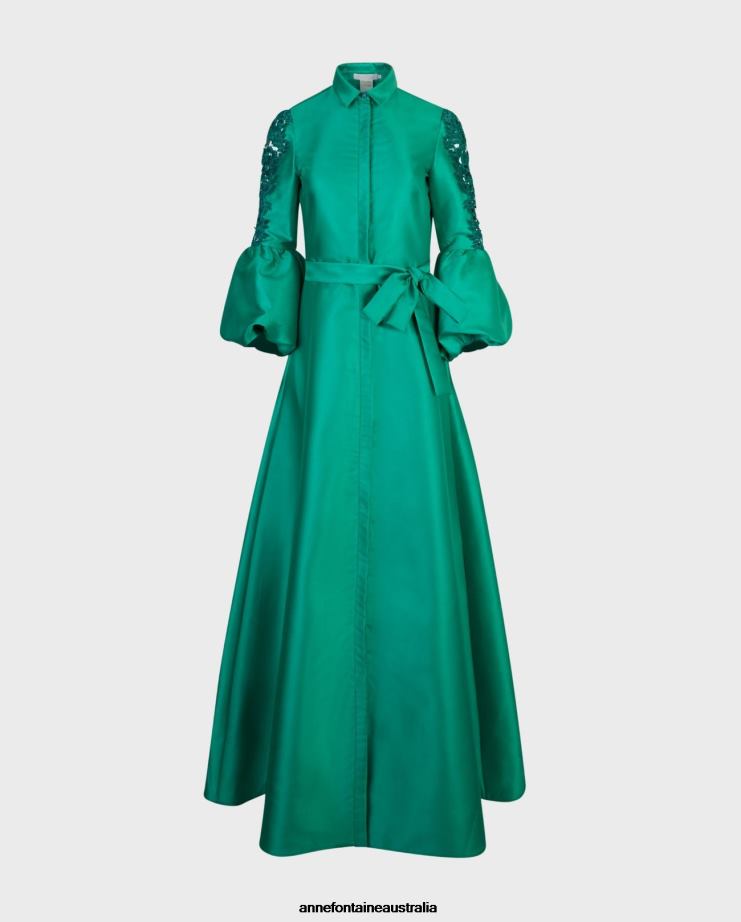 Anne Fontaine Clothing 2VZRJ109 Women Comtesse Dress Long Satin Dress With Lace Puff Sleeves Mint