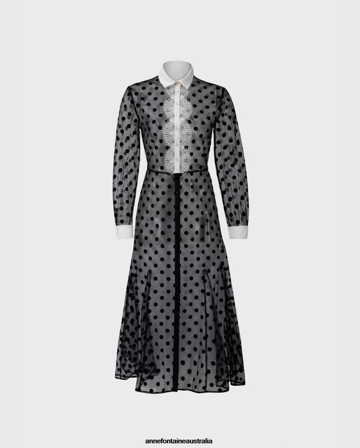 Anne Fontaine Clothing 2VZRJ111 Women Tango Dress Long Sleeve Sheer Mesh Dress With Velvet Polka Dots Black