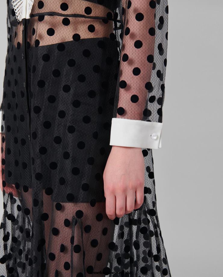 Anne Fontaine Clothing 2VZRJ111 Women Tango Dress Long Sleeve Sheer Mesh Dress With Velvet Polka Dots Black