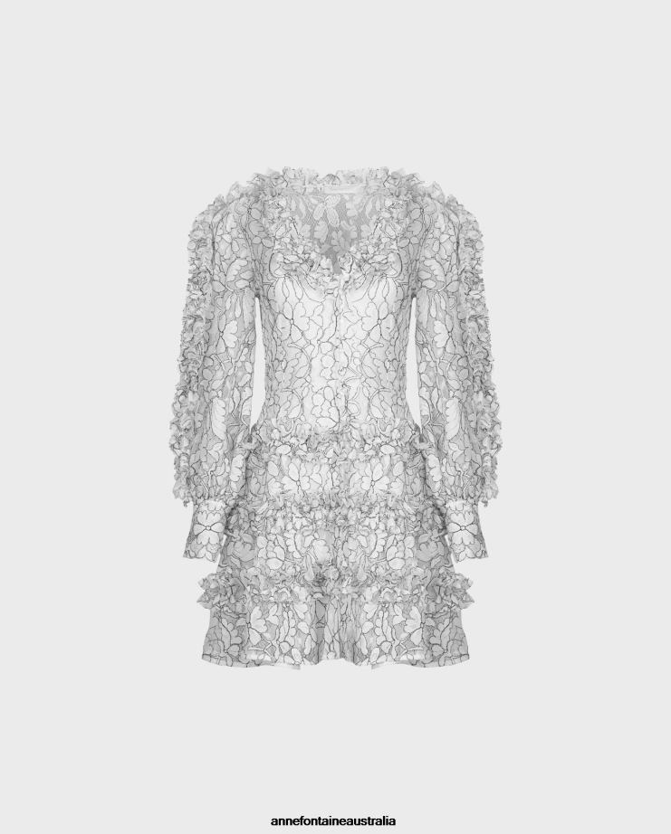 Anne Fontaine Clothing 2VZRJ115 Women Senequier Dress Lace Dress With Contrasting Trim and Ruffle Details Black/White