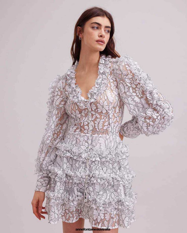 Anne Fontaine Clothing 2VZRJ115 Women Senequier Dress Lace Dress With Contrasting Trim and Ruffle Details Black/White