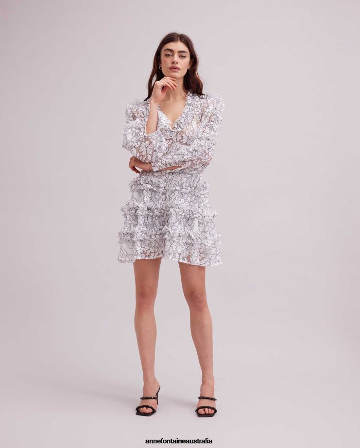 Anne Fontaine Clothing 2VZRJ115 Women Senequier Dress Lace Dress With Contrasting Trim and Ruffle Details Black/White